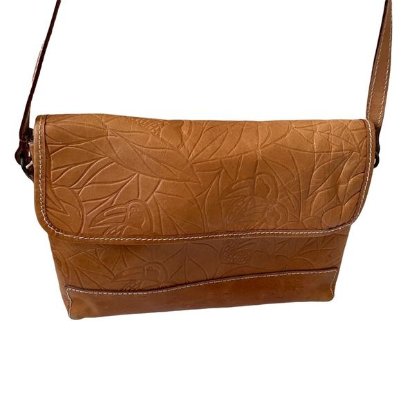 Vintage Debra Lynne Tooled Leather Bag Toucan Birds Leaves Tan Brown GUC - Picture 9 of 9